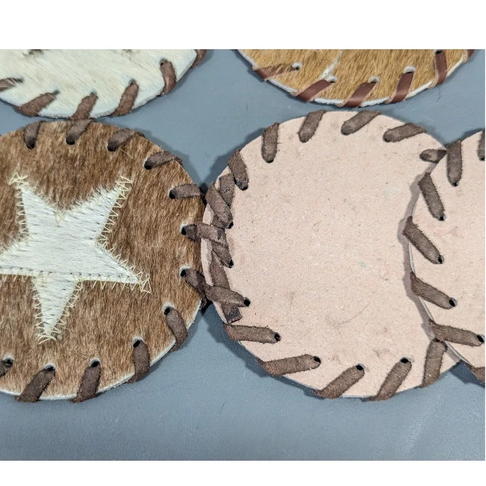 11 Pc Real Cowhide Western Star Coasters Hair on Hide Whipstitch Rustic Decor